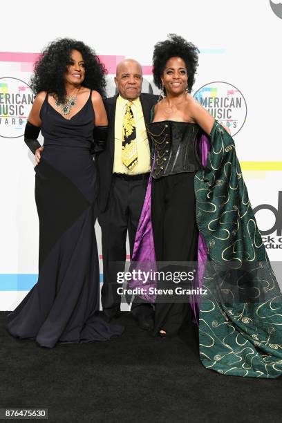 Diana Ross, Berry Gordy, and Rhonda Ross Kendrick pose in the press room during the 2017 American Music Awards at Microsoft Theater on November 19,...