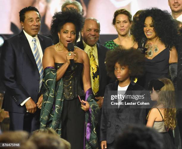 Smokey Robinson, Rhonda Ross Kendrick, Berry Gordy, Raif-Henok Emmanuel Kendrick, and Diana Ross onstage during the 2017 American Music Awards at...