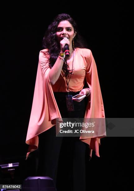 Tv personality Yarel Ramos speaks onstage during Uforia's 'K-Love Live!' at The Forum on November 19, 2017 in Inglewood, California.
