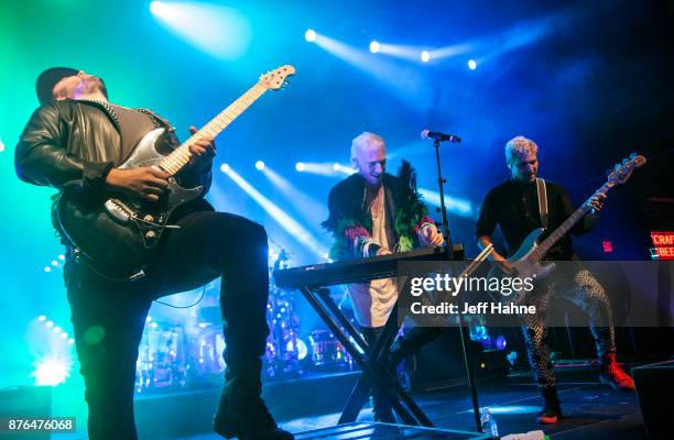 Guitarist Eli Maiman, singer/keyboardist Nicholas Petricca and bassist Kevin Ray of Walk the Moon perform at The Fillmore Charlotte on November 19,...