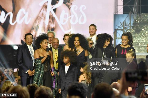Rhonda Ross Kendrick, Smokey Robinson, Berry Gordy, Diana Ross, host Tracee Ellis Ross,Chudney Ross, Ross Naess, and Bronx Wentz pose in the press...
