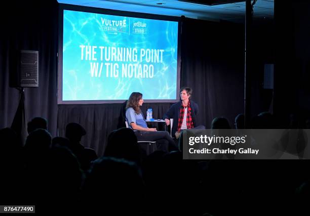 Comedians Michaela Watkins and Tig Notaro speak onstage during the 'Turning Point' event, part of Vulture Festival LA presented by AT&T at Hollywood...