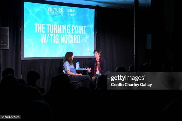 Comedians Michaela Watkins and Tig Notaro speak onstage during the 'Turning Point' event, part of Vulture Festival LA presented by AT&T at Hollywood...