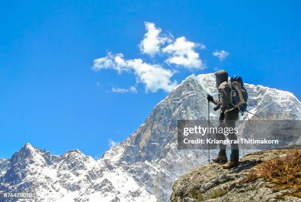 appreciating beauty of nature of himalayas mountains in nepal. - nepal trekking stock-fotos und bilder