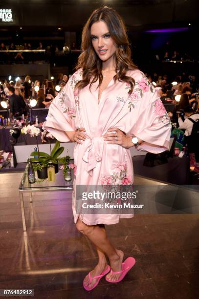 Alessandra Ambrosio poses in Hair & Makeup during 2017 Victoria's Secret Fashion Show In Shanghai at Mercedes-Benz Arena on November 20, 2017 in...