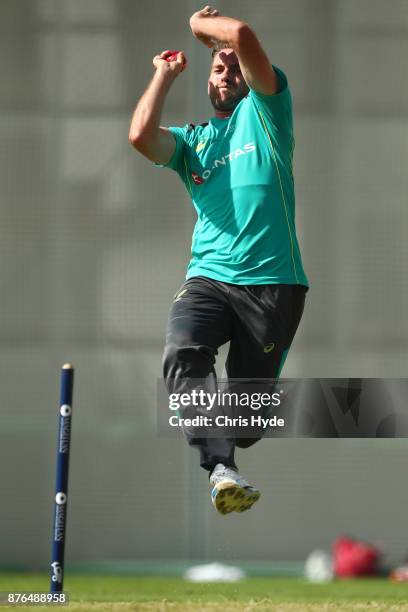 Chadd Sayers bowls during an Australia nets session at The Gabba on November 20, 2017 in Brisbane, Australia.