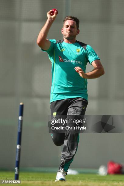 Chadd Sayers bowls during an Australia nets session at The Gabba on November 20, 2017 in Brisbane, Australia.