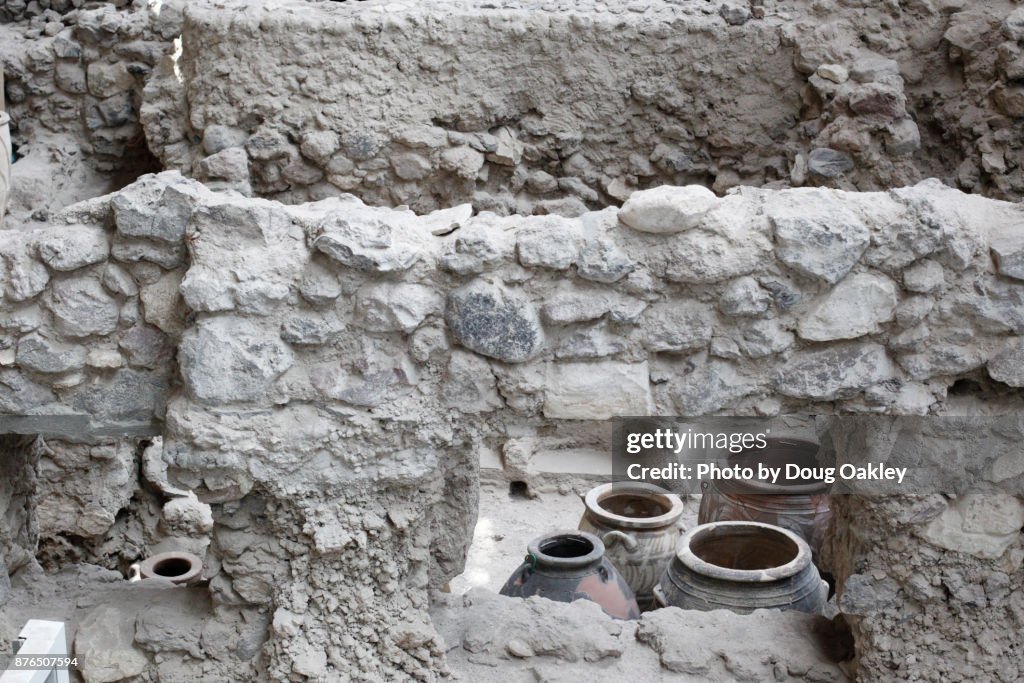 Artifacts and ruins of Akrotiri, Ancient Greek Minoan civilisation on Island of Santorini