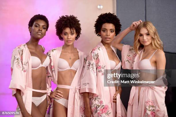 Models Maria Borges, Samile Bermannelli, Alecia Morais and Frida Aasen pose in Hair & Makeup during 2017 Victoria's Secret Fashion Show In Shanghai...