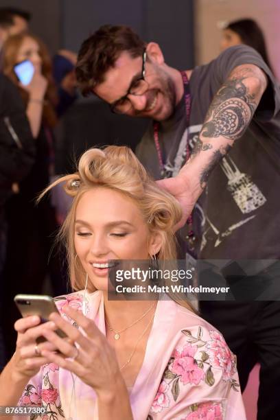Model Romee Strijd and Lead Hairstylist Anthony Turner during 2017 Victoria's Secret Fashion Show In Shanghai at Mercedes-Benz Arena on November 20,...
