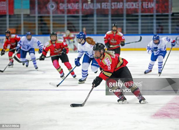 Annina Rajahuhta of Kunlun Red Star WIH vies for the puck during the 2017/2018 Canadian Women's Hockey League CWHL match between Kunlun Red Star WIH...