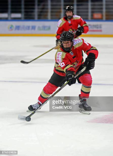 Kelli Stack of Kunlun Red Star WIH vies for the puck during the 2017/2018 Canadian Women's Hockey League CWHL match between Kunlun Red Star WIH and...
