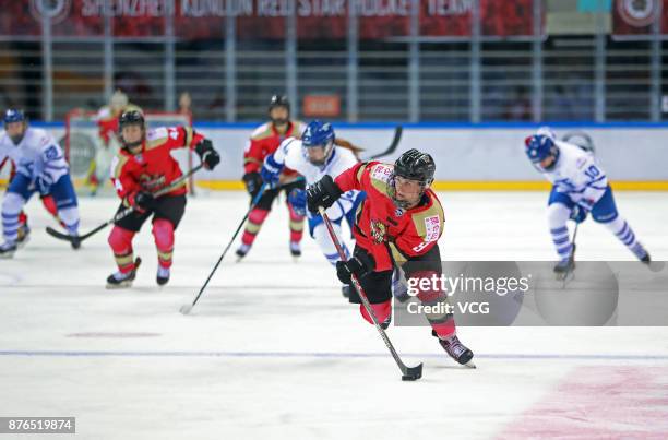 Annina Rajahuhta of Kunlun Red Star WIH vies for the puck during the 2017/2018 Canadian Women's Hockey League CWHL match between Kunlun Red Star WIH...