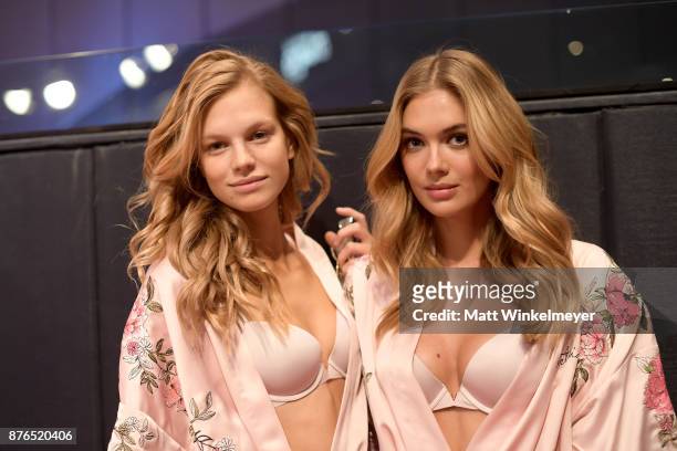 Nadine Leopold and Megan Williams pose in Hair & Makeup during 2017 Victoria's Secret Fashion Show In Shanghai at Mercedes-Benz Arena on November 20,...