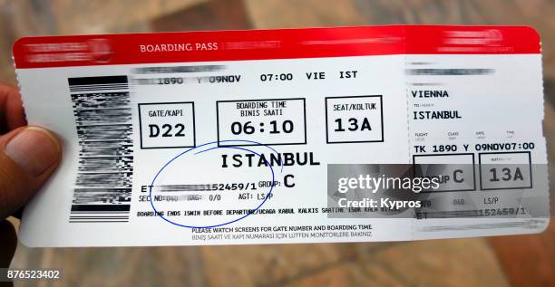 europe, austria, vienna (wien) area, 2017: view of passenger airline boarding pass to istanbul, turkey - 飛行機の搭乗券 ストックフォトと画像
