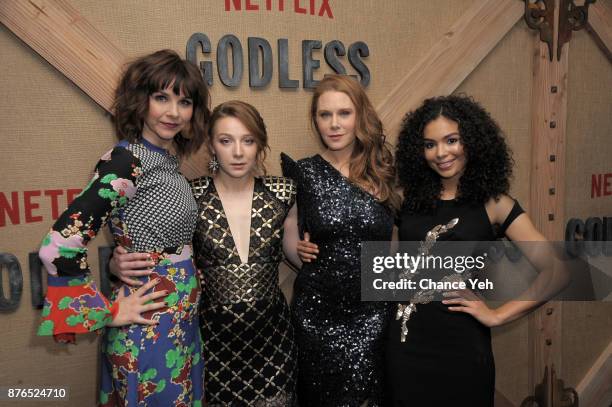 Audrey Moore, Kayli Carter, Christiane Seidel and Jessica Sula attend "Godless" New York premiere at The Metrograph on November 19, 2017 in New York...