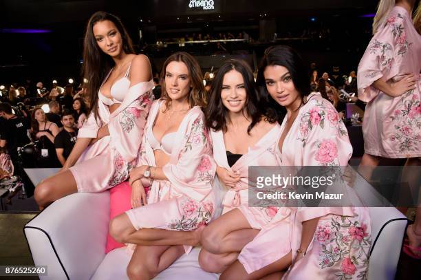 Lais Ribeiro, Alessandra Ambrosio, Adriana Lima and Gizele Oliveira pose in Hair & Makeup during 2017 Victoria's Secret Fashion Show In Shanghai at...