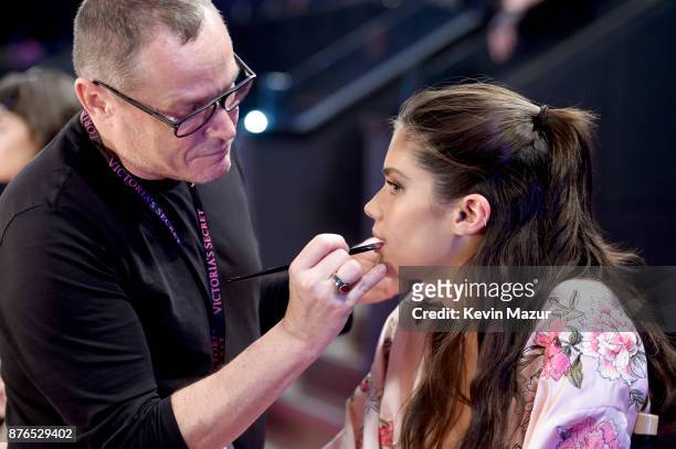 Lead Makeup Artist Tom Pecheux and Victoria's Secret Angel Sara Sampaio prepare in Hair & Makeup during 2017 Victoria's Secret Fashion Show In...