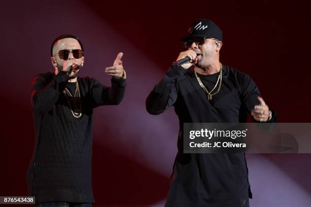 Recording artists Wisin , and Yandel perform onstage during Uforia's 'K-Love Live!' at The Forum on November 19, 2017 in Inglewood, California.