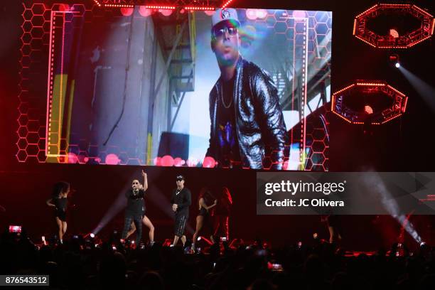 Recording artists Wisin , and Yandel perform onstage during Uforia's 'K-Love Live!' at The Forum on November 19, 2017 in Inglewood, California.