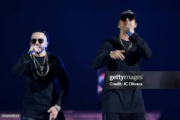 Recording artists Wisin , and Yandel perform onstage during Uforia's 'K-Love Live!' at The Forum on November 19, 2017 in Inglewood, California.