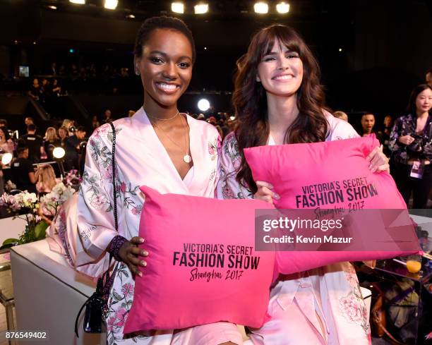 Herieth Paul and Vanessa Moody pose in Hair & Makeup during 2017 Victoria's Secret Fashion Show In Shanghai at Mercedes-Benz Arena on November 20,...