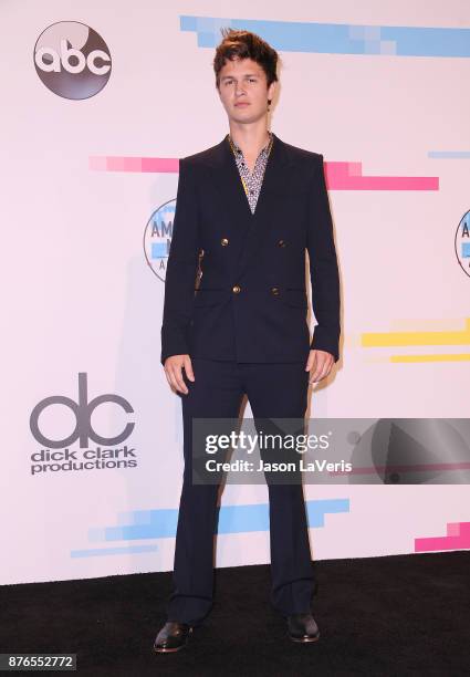 Actor Ansel Elgort poses in the press room at the 2017 American Music Awards at Microsoft Theater on November 19, 2017 in Los Angeles, California.