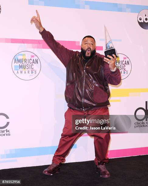 Khaled poses in the press room at the 2017 American Music Awards at Microsoft Theater on November 19, 2017 in Los Angeles, California.