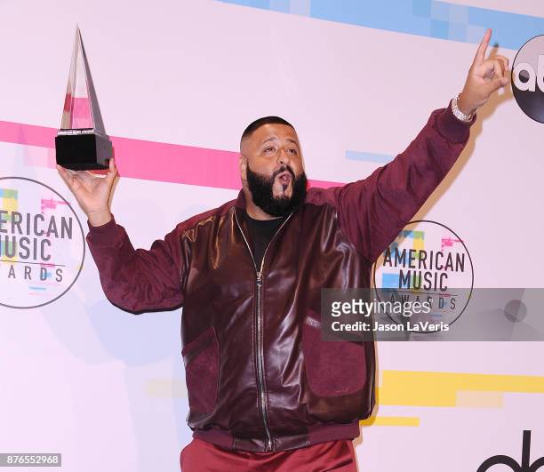 Khaled poses in the press room at the 2017 American Music Awards at Microsoft Theater on November 19, 2017 in Los Angeles, California.