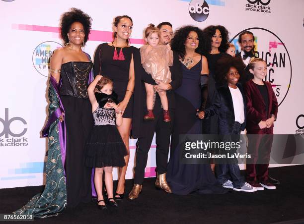 Rhonda Ross Kendrick, Evan Ross, Chudney Ross, Diana Ross, Tracee Ellis Ross, and Ross Naess pose in the press room at the 2017 American Music Awards...