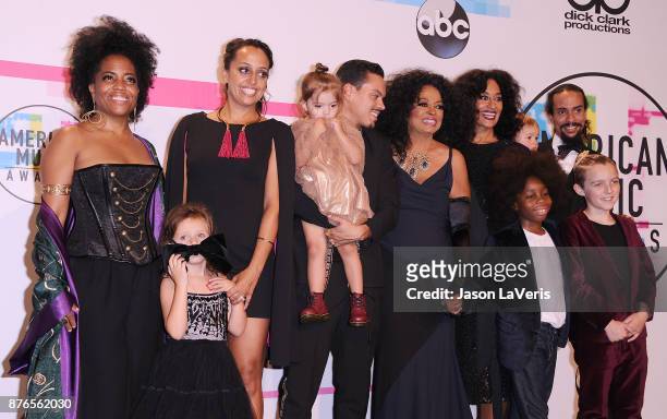 Rhonda Ross Kendrick, Evan Ross, Chudney Ross, Diana Ross, Tracee Ellis Ross, and Ross Naess pose in the press room at the 2017 American Music Awards...