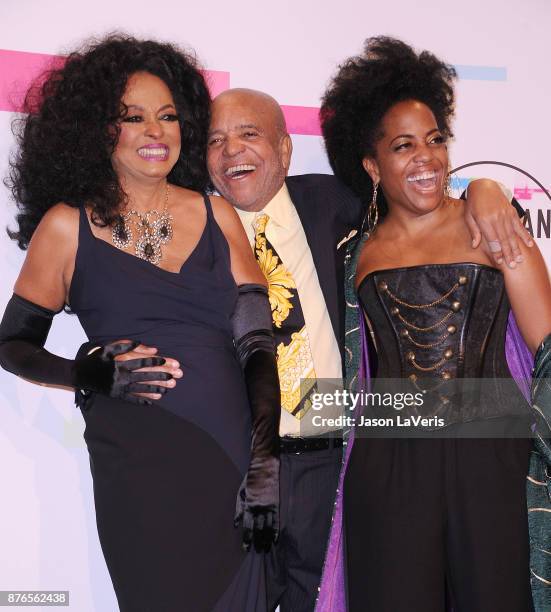 Singer Diana Ross, Berry Gordy and Rhonda Ross Kendrick pose in the press room at the 2017 American Music Awards at Microsoft Theater on November 19,...