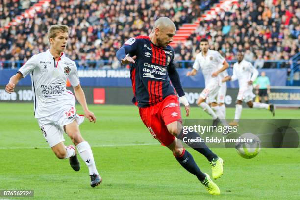 Vincent Bessat of Caen and Vincent Koziello of Nice during the Ligue 1 match between SM Caen and OGC Nice at Stade Michel D'Ornano on November 19,...