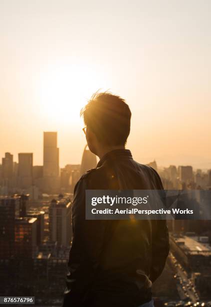 rückansicht des menschen blick auf stadt im sonnenlicht - chinese businessman stock-fotos und bilder