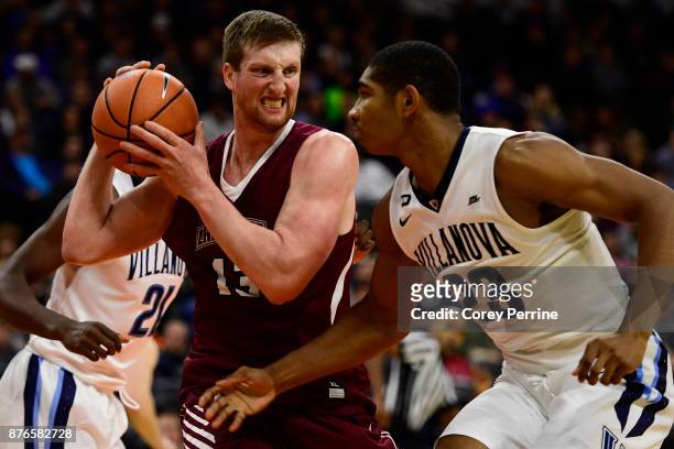 Matt Klinewski of the Lafayette Leopards reacts to Jermaine Samuels of the Villanova Wildcats attempted steal during the first half at the PPL Center...