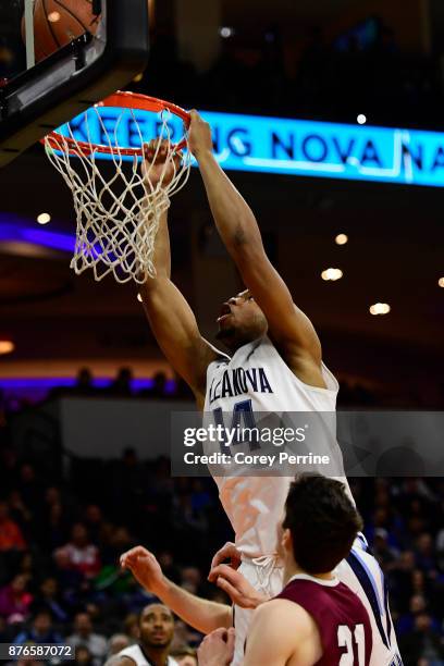 Omari Spellman of the Villanova Wildcats can't get his dunk to go as it hits the back iron against the Lafayette Leopards during the first half at...