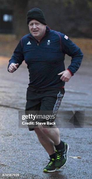 British Foreign Secretary of State Boris Johnson out jogging in Westminster this morning wearing a Team GB track top before Brexit Cabinet meeting...