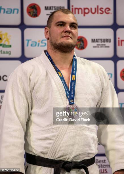Over 100kg silver medallist, Maciej Sarnacki of Poland during the The Hague Grand Prix, day 3, at the Sportcampus Zuiderpark on November 19, 2017 in...