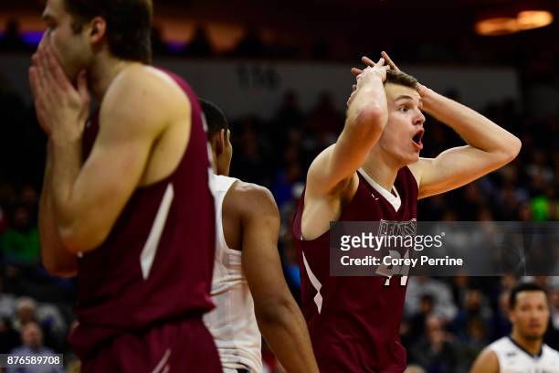 Dylan Hastings of the Lafayette Leopards reacts to a foul being called during the first half against the Villanova Wildcats at the PPL Center on...