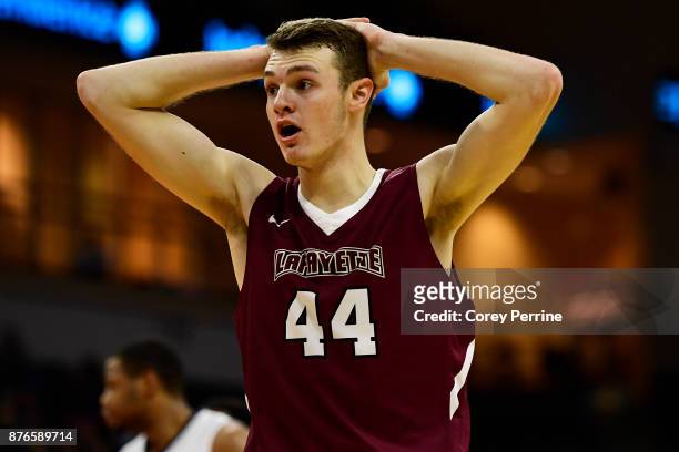Dylan Hastings of the Lafayette Leopards reacts to a foul being called during the first half against the Villanova Wildcats at the PPL Center on...