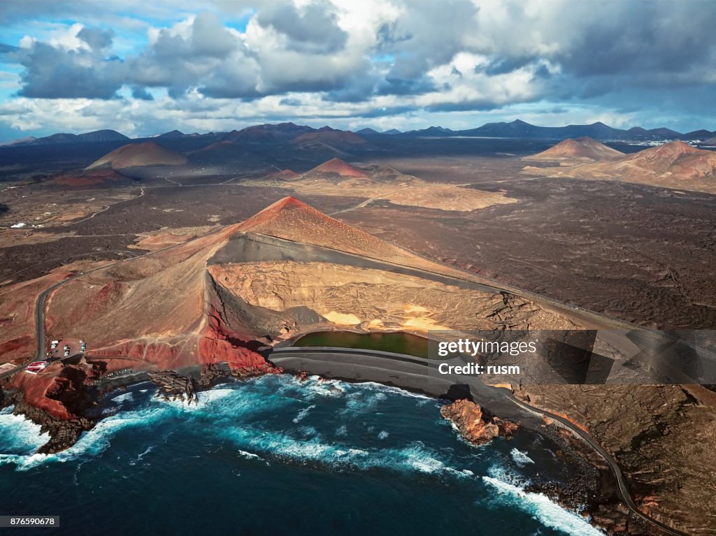 Aerial view of Volcanic Lake El Golfo, Lanzarote, Canary Islands