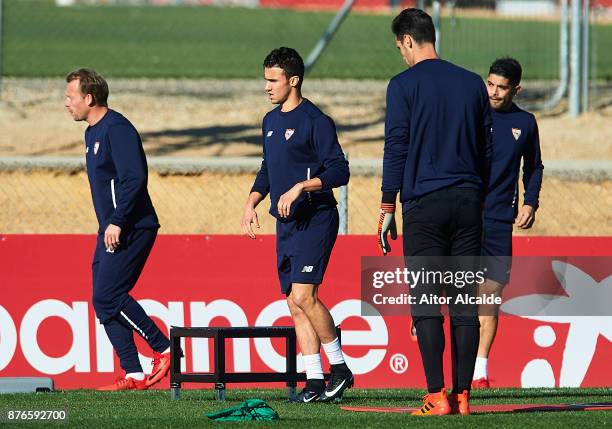 Sebastien Corchia of Sevilla FC in action during the training of Sevilla FC prior to their Champions League match against Liverpool FC at the Sevilla...