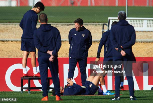 Head Coach of Sevilla FC Eduardo Berizzo looks on during the training of Sevilla FC prior to their Champions League match against Liverpool FC at the...