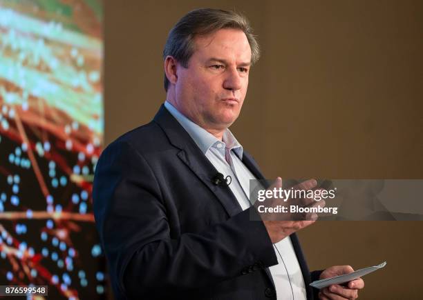 Wilhelm Hubner, chief executive officer of Auchan Retail SA, speaks during a news conference in Hong Kong, China, on Monday, Nov. 20, 2017. Alibaba...