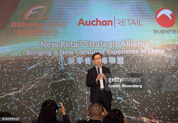 Daniel Zhang, chief executive officer of Alibaba Group Holding Ltd., speaks during a news conference in Hong Kong, China, on Monday, Nov. 20,...