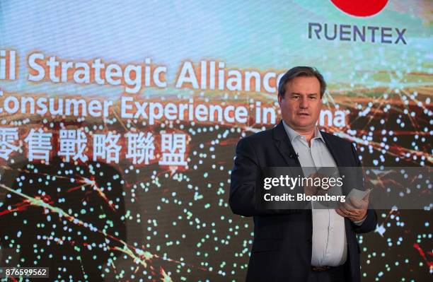 Wilhelm Hubner, chief executive officer of Auchan Retail SA, speaks during a news conference in Hong Kong, China, on Monday, Nov. 20, 2017. Alibaba...