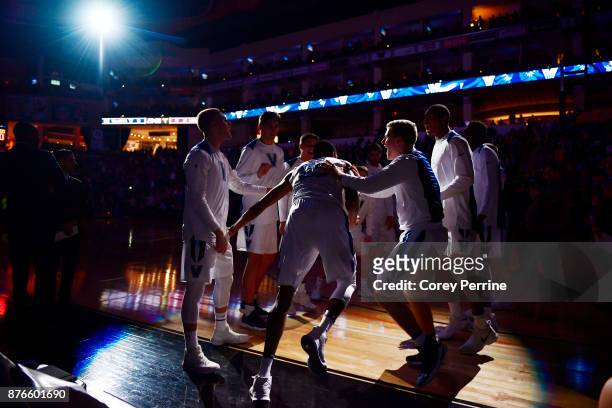 Mikal Bridges of the Villanova Wildcats is introduced against the Lafayette Leopards before the game at the PPL Center on November 17, 2017 in...