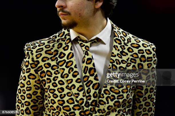 Lafayette Leopards basketball staff member sports a leopard-spotted suit during the first half at the PPL Center on November 17, 2017 in Allentown,...