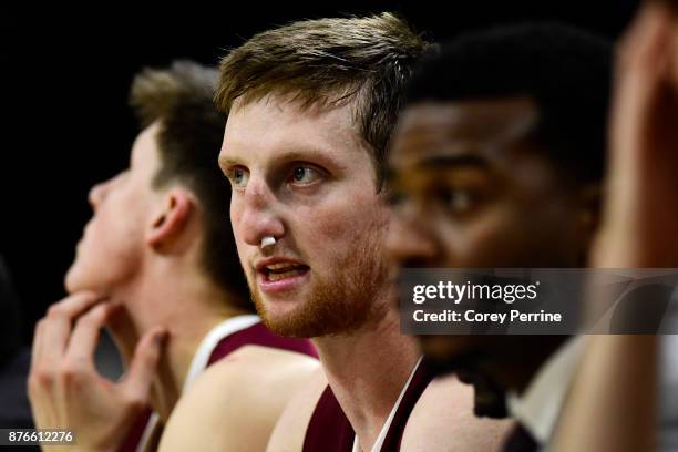 Matt Klinewski of the Lafayette Leopards is shown with gauze to stop a nosebleed during the first half at the PPL Center on November 17, 2017 in...