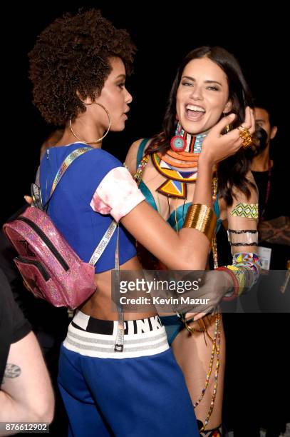 Victoria's Secret Angels Alecia Morais and Adriana Lima pose backstage during 2017 Victoria's Secret Fashion Show In Shanghai at Mercedes-Benz Arena...